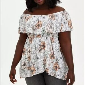 NWT Torrid Top Floral Off Shoulder Crinkle Gauze Ruffle Top Size 0 Large Boho‎